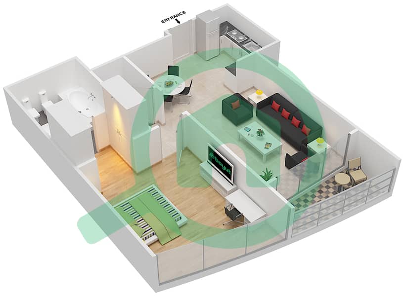 المخططات الطابقية لتصميم النموذج F شقة 1 غرفة نوم - برج بارك تاور B interactive3D
