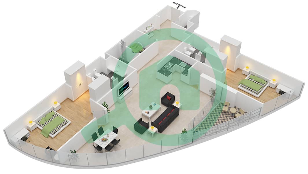 公园塔楼B座 - 2 卧室公寓类型D1戶型图 interactive3D