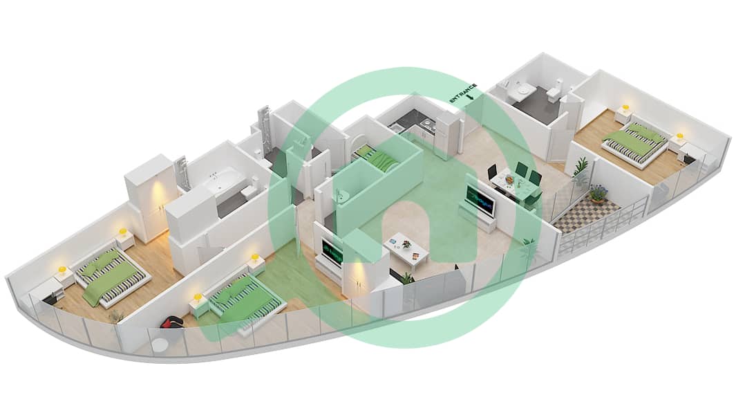 المخططات الطابقية لتصميم النموذج G شقة 3 غرف نوم - برج بارك تاور B interactive3D