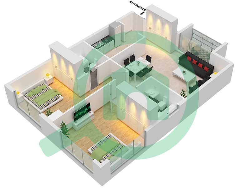 المخططات الطابقية لتصميم النموذج / الوحدة A1-1,4 شقة 2 غرفة نوم - سيليكون أفينيو interactive3D