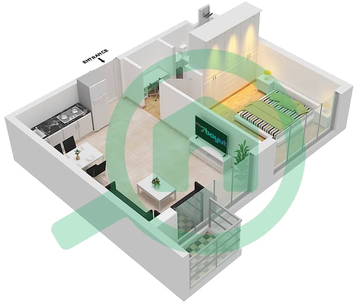 المخططات الطابقية لتصميم النموذج / الوحدة B4/11  FLOOR 21 شقة 1 غرفة نوم - أبراج التنين interactive3D