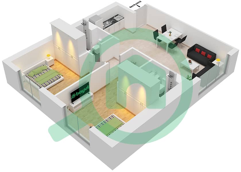 المخططات الطابقية لتصميم النموذج / الوحدة A1/17  FLOOR 6 شقة 2 غرفة نوم - أبراج التنين interactive3D