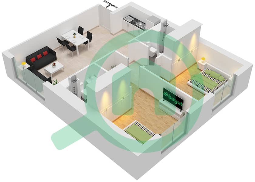 المخططات الطابقية لتصميم النموذج / الوحدة A2/18  FLOOR 6 شقة 2 غرفة نوم - أبراج التنين interactive3D