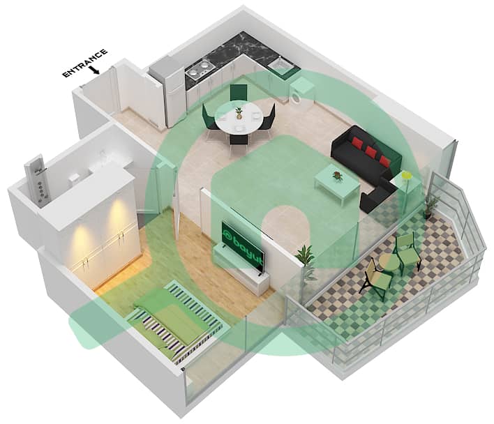 半岛三号 - 1 卧室公寓类型／单位D-FLOOR 26-48戶型图 Floor 26-48 interactive3D