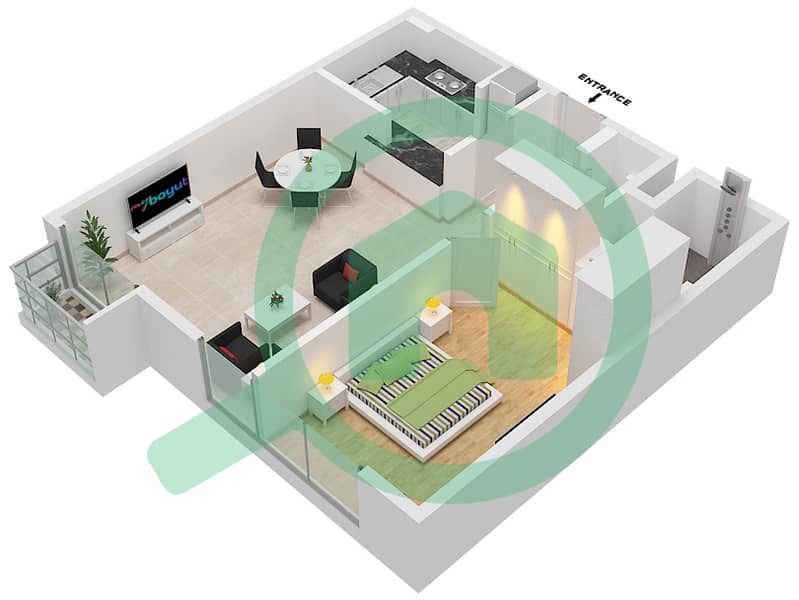 المخططات الطابقية لتصميم الوحدة 01 شقة 1 غرفة نوم - بريفا ليفينج Floor1-12 interactive3D