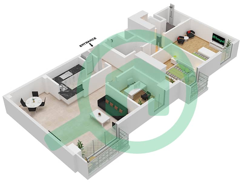 المخططات الطابقية لتصميم النموذج 09 شقة 2 غرفة نوم - بريفا ليفينج Floor 1-12 interactive3D