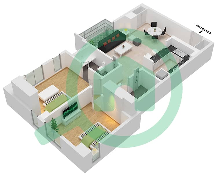 المخططات الطابقية لتصميم النموذج 02 شقة 2 غرفة نوم - بريفا ليفينج Floor 1-12 interactive3D