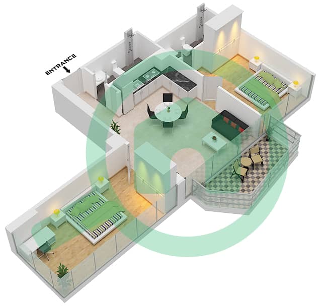 半岛三号 - 2 卧室公寓类型／单位A-FLOOR 26-48戶型图 Floor 26-48 interactive3D