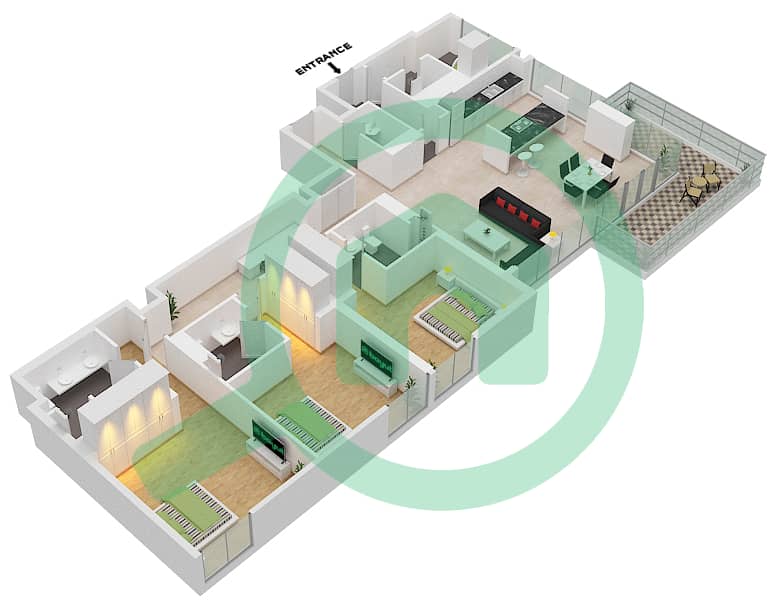 المخططات الطابقية لتصميم النموذج / الوحدة 1-1/1 شقة 3 غرف نوم - بناية الشقق 9 Unit-501,601,701,801,901,1001,1101,1201
Floor 2-12 interactive3D