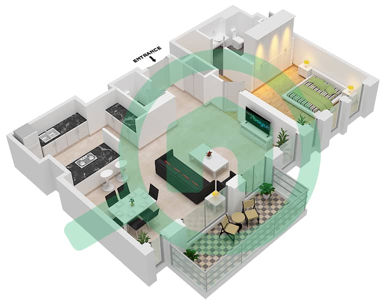 المخططات الطابقية لتصميم النموذج / الوحدة 2-4/6 شقة 1 غرفة نوم - بناية الشقق 2 Floor 1 interactive3D
