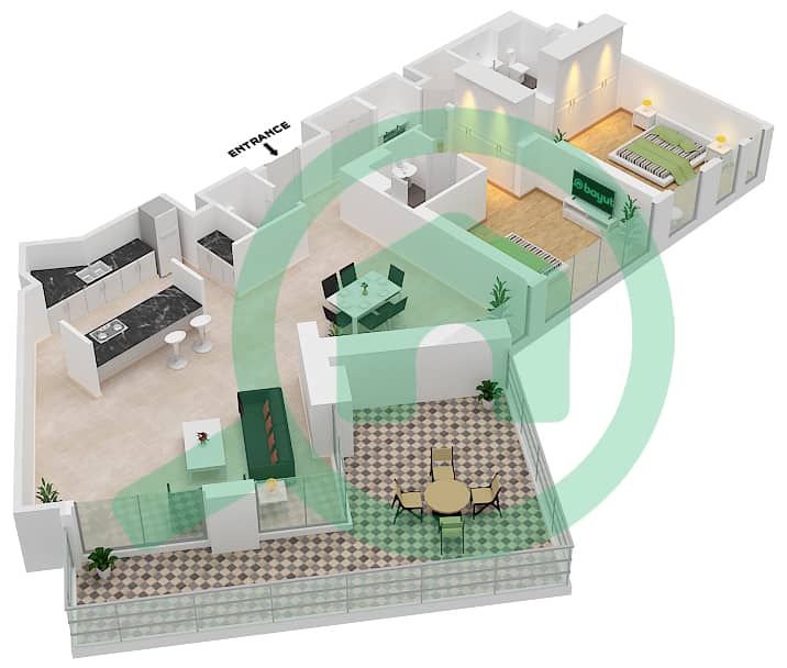 المخططات الطابقية لتصميم النموذج / الوحدة 10-1/3 شقة 2 غرفة نوم - بناية الشقق 2 Floor 1 interactive3D