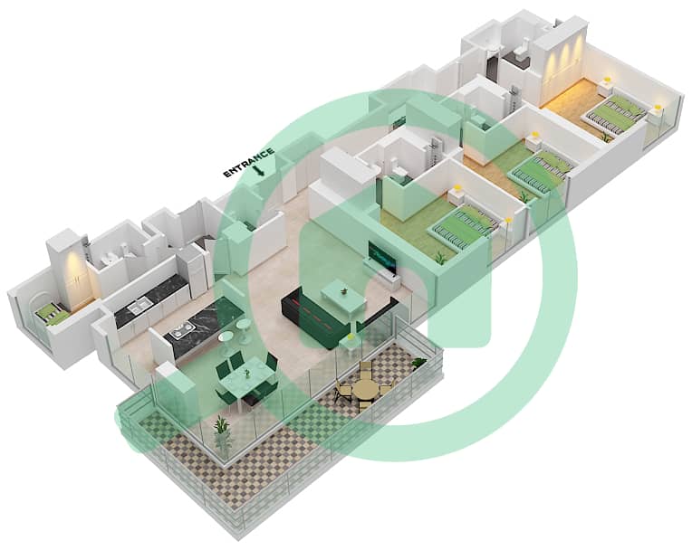 المخططات الطابقية لتصميم النموذج / الوحدة 2-3/12 شقة 3 غرف نوم - بناية الشقق 2 Floor 3-7 interactive3D