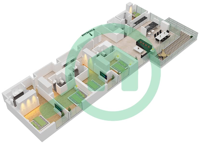 2号公寓楼 - 4 卧室公寓类型／单位1-2A/7戶型图 Floor 2-7 interactive3D