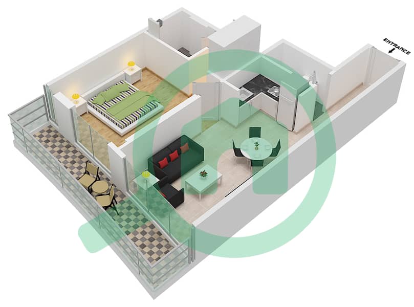 المخططات الطابقية لتصميم النموذج 1 شقة 1 غرفة نوم - ليفينج جاردن interactive3D