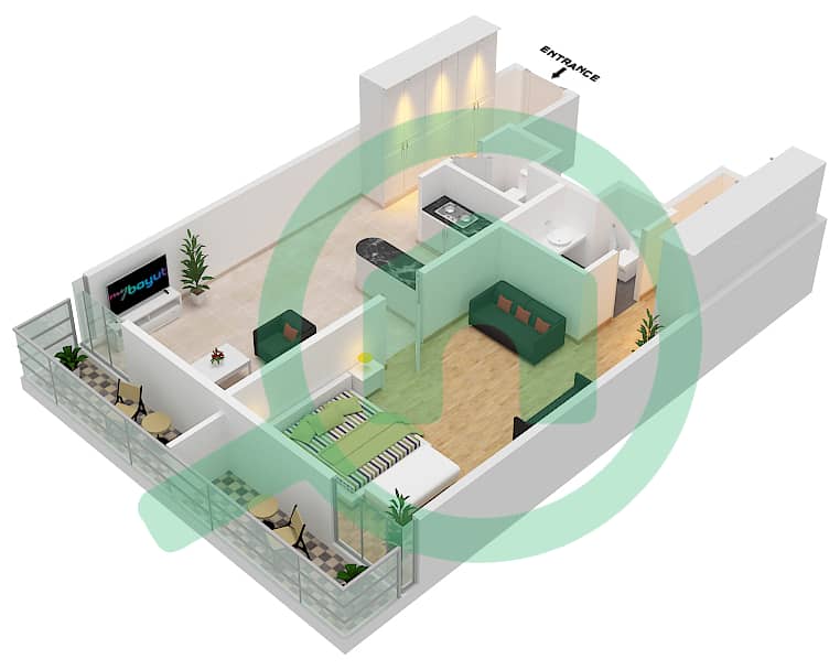 生活花园II住宅楼 - 1 卧室公寓类型2戶型图 interactive3D