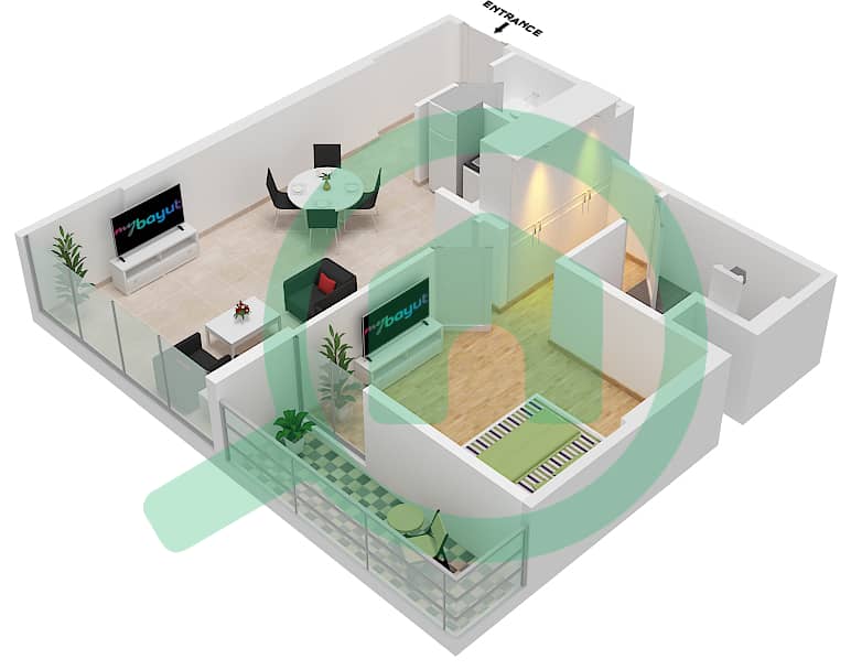 生活花园II住宅楼 - 1 卧室公寓类型3戶型图 interactive3D