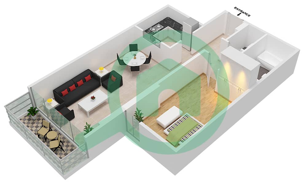 المخططات الطابقية لتصميم النموذج 4 شقة 1 غرفة نوم - ليفينج جاردن interactive3D