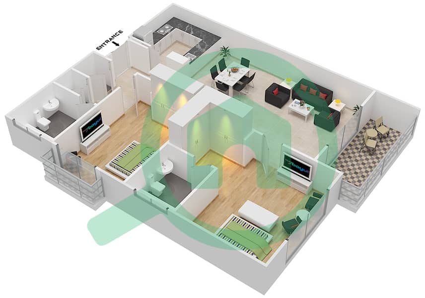 المخططات الطابقية لتصميم التصميم 1 FLOOR 1-3 شقة 2 غرفة نوم - أونا مساكن ريفرسايد Floor 1-3 interactive3D