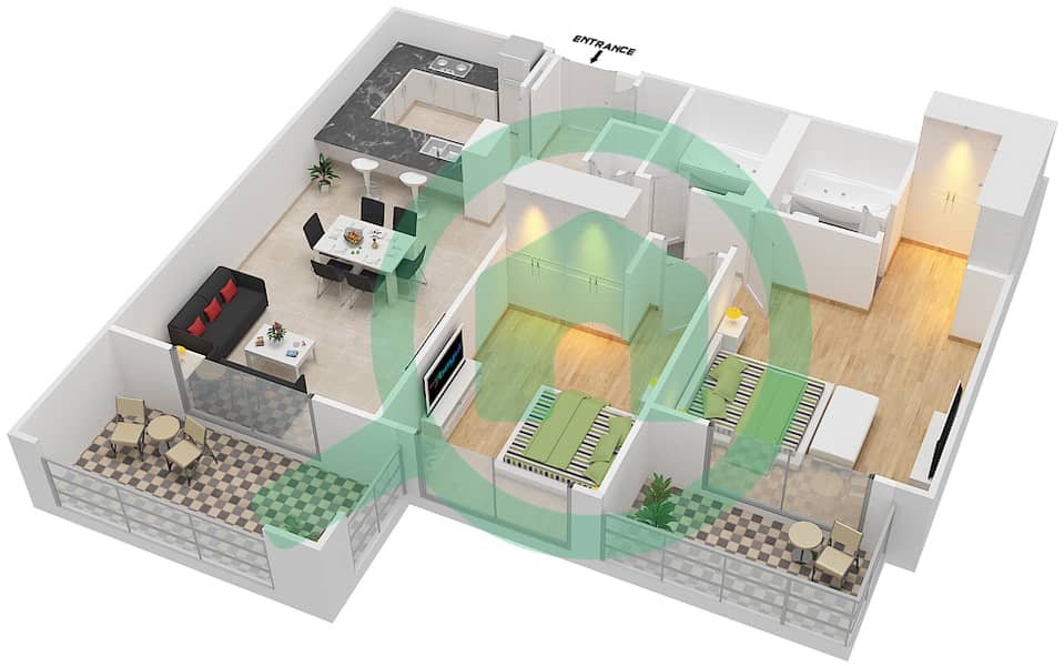 المخططات الطابقية لتصميم التصميم 5 FLOOR 3-6 شقة 2 غرفة نوم - أونا مساكن ريفرسايد Floor 3-6 interactive3D