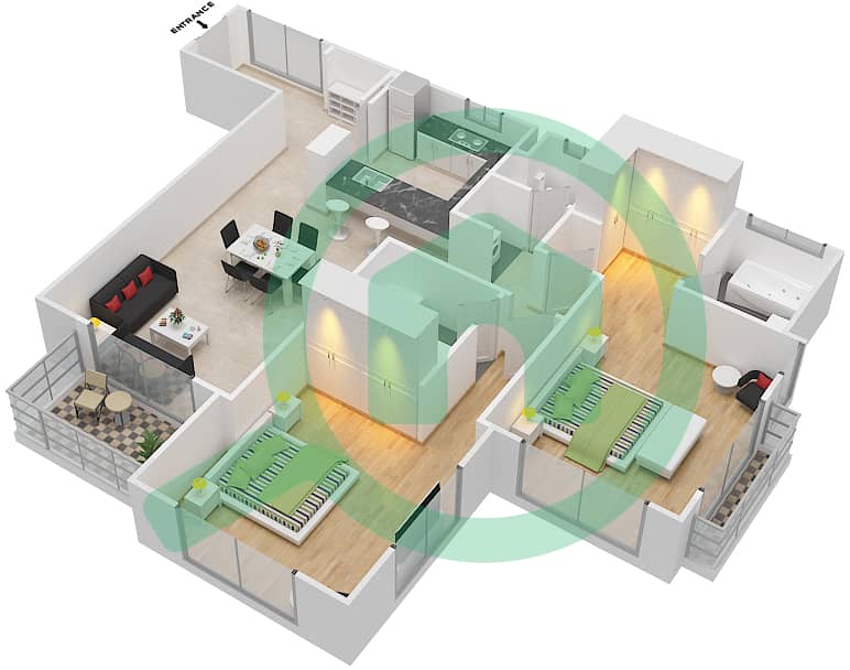Уна Риверсайд Резиденс - Апартамент 2 Cпальни планировка Гарнитур, анфилиада комнат, апартаменты, подходящий 6 FLOOR 2 Floor 2 interactive3D
