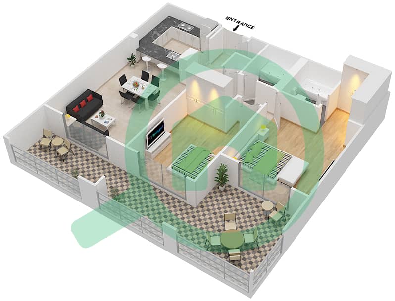 المخططات الطابقية لتصميم التصميم 5 FLOOR 1 شقة 2 غرفة نوم - أونا مساكن ريفرسايد Floor 1 interactive3D