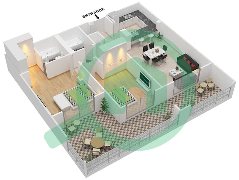 Уна Риверсайд Резиденс - Апартамент 2 Cпальни планировка Гарнитур, анфилиада комнат, апартаменты, подходящий 4 FLOOR 1 Floor 1 interactive3D