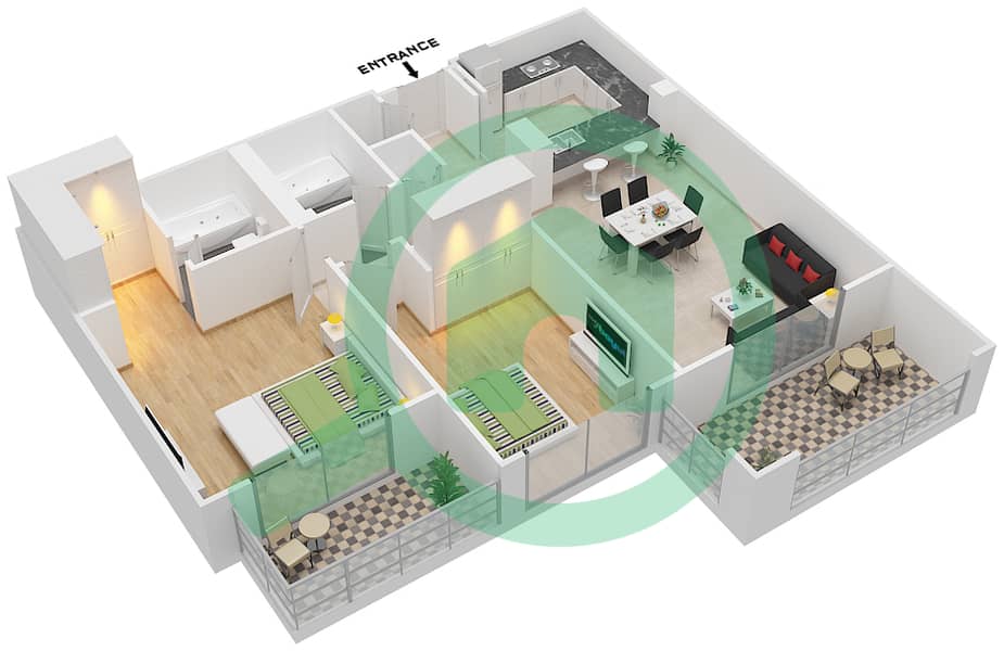 المخططات الطابقية لتصميم التصميم 4 FLOOR 2 شقة 2 غرفة نوم - أونا مساكن ريفرسايد Floor 2 interactive3D