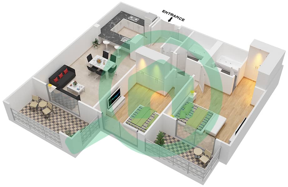 Уна Риверсайд Резиденс - Апартамент 2 Cпальни планировка Гарнитур, анфилиада комнат, апартаменты, подходящий 5 FLOOR 2 Floor 2 interactive3D