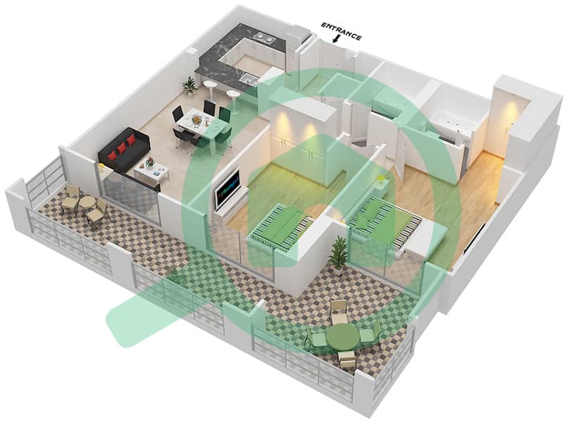 المخططات الطابقية لتصميم التصميم 3 FLOOR 1 شقة 2 غرفة نوم - أونا مساكن ريفرسايد Floor 1 interactive3D