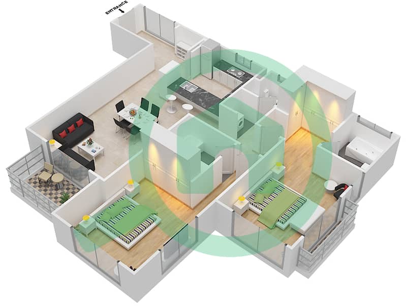 المخططات الطابقية لتصميم التصميم 6 FLOOR 3-6 شقة 2 غرفة نوم - أونا مساكن ريفرسايد Floor 3-6 interactive3D