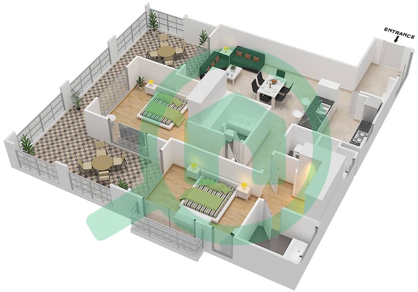 المخططات الطابقية لتصميم التصميم 6 FLOOR 1 شقة 2 غرفة نوم - أونا مساكن ريفرسايد Floor 1 interactive3D