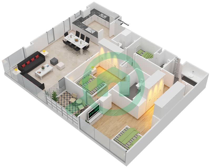 المخططات الطابقية لتصميم النموذج 2 V2A شقة 2 غرفة نوم - ذا بلس Floor 2,4,6,8,10 interactive3D