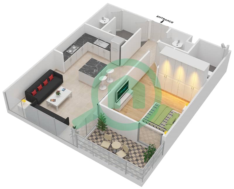 The Pulse - 1 Bedroom Apartment Type 2 V1 Floor plan Floor 1,3,5,7,9,11 interactive3D