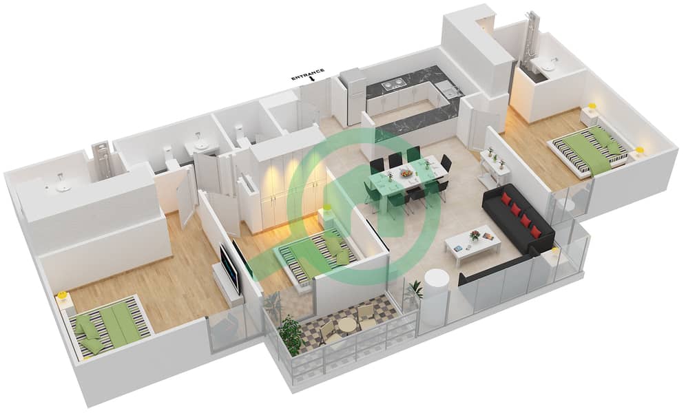 The Pulse - 3 Bedroom Apartment Type 1 V1 Floor plan Floor 1,3,5,7 interactive3D