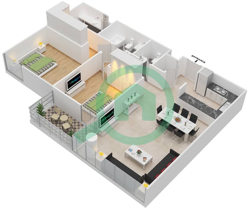 The Pulse - 2 Bedroom Apartment Type 1 V1 Floor plan Floor 2,4,6,8,9,10 interactive3D