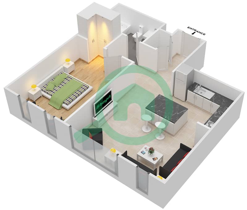المخططات الطابقية لتصميم النموذج 1 V1 شقة 1 غرفة نوم - ذا بلس Floor 1-10 interactive3D