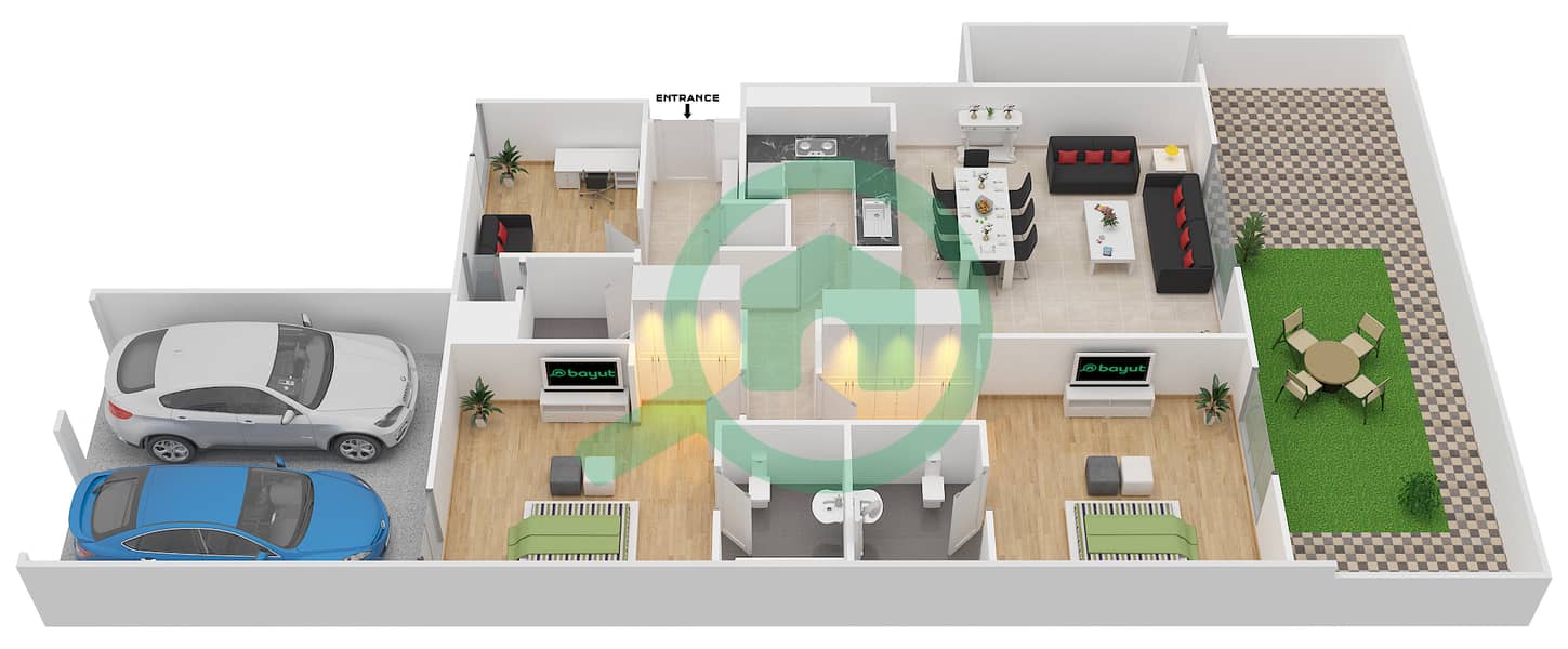 脉动住宅区 - 2 卧室顶楼公寓单位D1戶型图 Ground Floor interactive3D