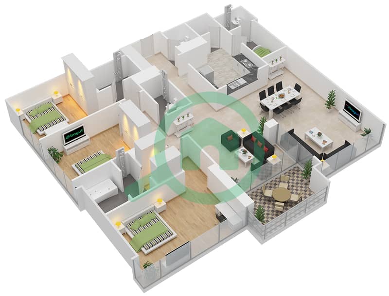 滨海公寓1号大楼 - 3 卧室公寓类型C戶型图 interactive3D
