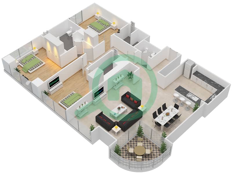 Marina Heights I - 3 Bedroom Apartment Type B Floor plan interactive3D