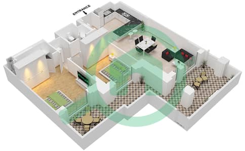 المخططات الطابقية لتصميم النموذج D1 (ASAYEL 3) شقة 2 غرفة نوم - أصايل