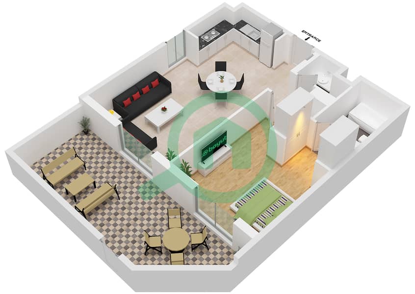Насим Резиденсиз - Апартамент 1 Спальня планировка Тип/мера 1A-16 UNIT 109 Floor 1 interactive3D