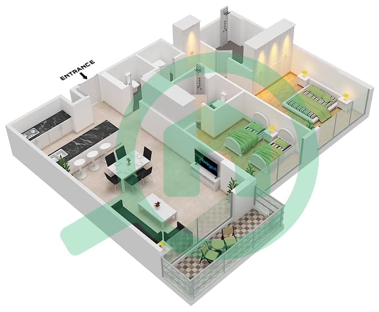 公寓143号 - 2 卧室公寓类型B戶型图 Floor 1-14 interactive3D