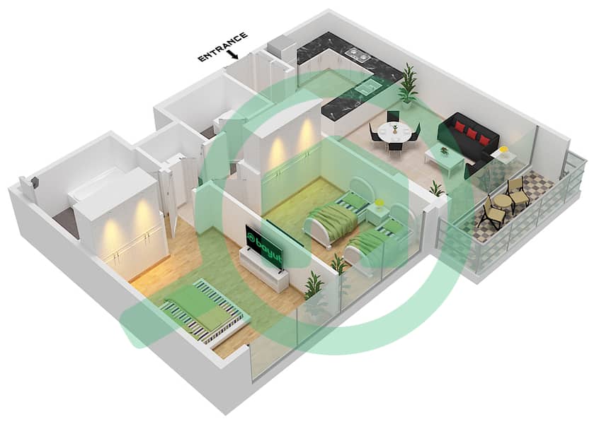 公寓143号 - 2 卧室公寓类型C戶型图 Floor 1-14 interactive3D