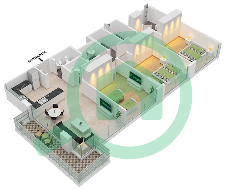 公寓143号 - 3 卧室公寓类型E戶型图 Floor 1-14 interactive3D