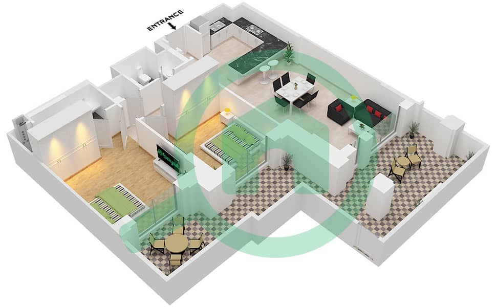 المخططات الطابقية لتصميم النموذج D1 (ASAYEL 3) شقة 2 غرفة نوم - أصايل Floor G interactive3D
