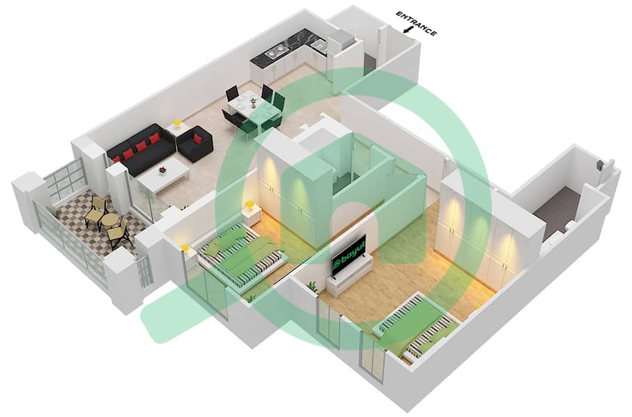 المخططات الطابقية لتصميم النموذج C (ASAYEL 3) شقة 2 غرفة نوم - أصايل Floor 1-8 interactive3D
