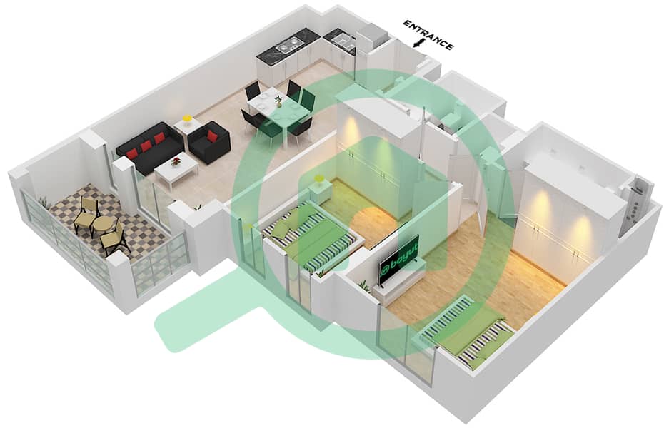المخططات الطابقية لتصميم النموذج B3 (ASAYEL 3) شقة 2 غرفة نوم - أصايل Floor 6-8 interactive3D