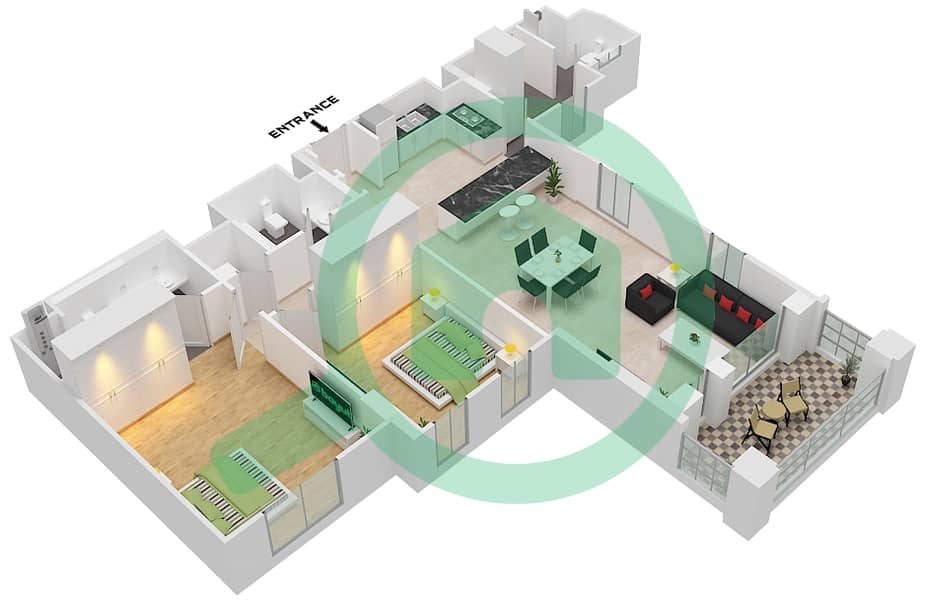 المخططات الطابقية لتصميم النموذج D1 (ASAYEL 3) شقة 2 غرفة نوم - أصايل Floor 1-8 interactive3D