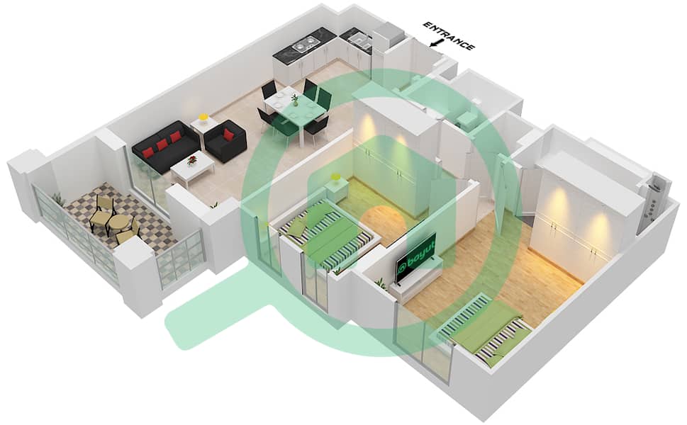Асайель - Апартамент 2 Cпальни планировка Тип B (ASAYEL 3) Floor 1-8 interactive3D