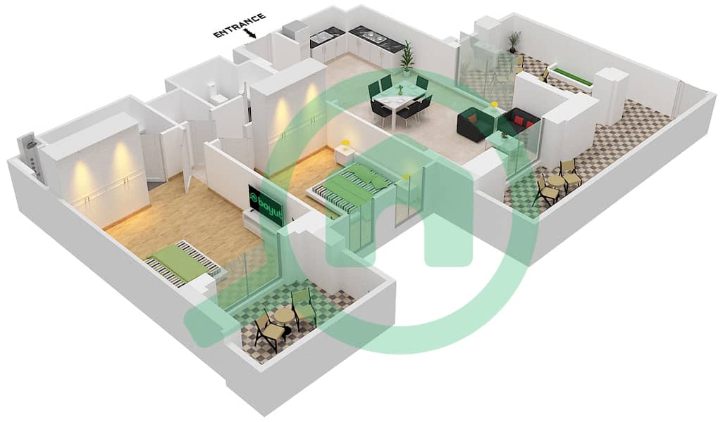 المخططات الطابقية لتصميم النموذج 2B2 (ASAYEL 3) شقة 2 غرفة نوم - أصايل Floor G interactive3D